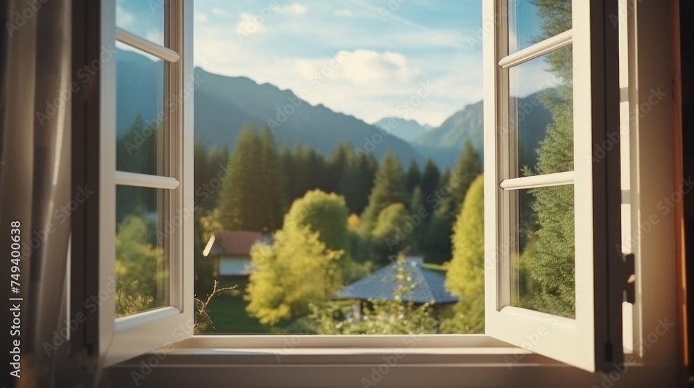 Obraz premium Perspective view from window. Open window with a beautiful view of the mountains and nature. The concept of a bright future