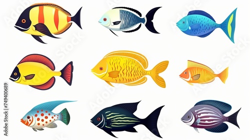 Set of Beautiful Marine fish and shark on white isolated background such as angelfish, butterflyfish, surgeon, wrasse and snapper