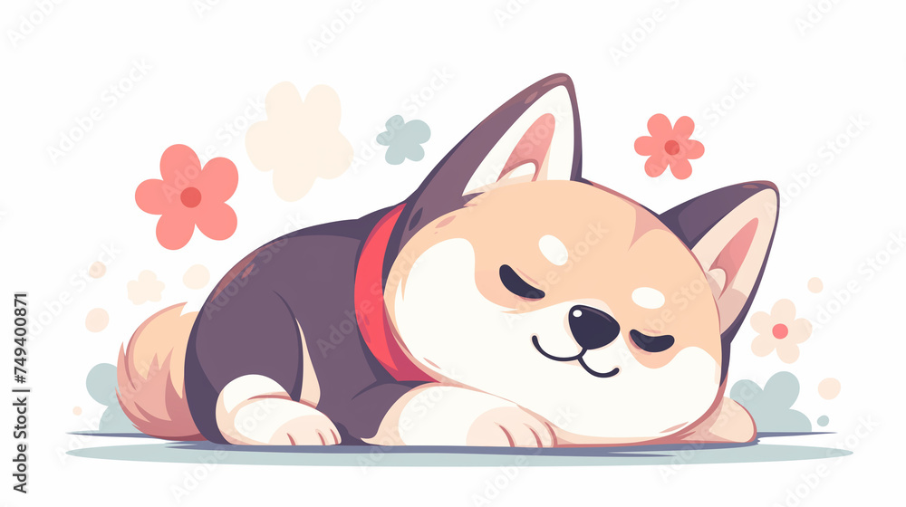 Happy Cat and Dog Cartoon Illustration Cute Akita Inu puppy lying on the floor. Vector illustration.
