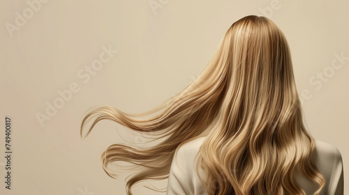 Blonde girl with long wavy hair on a white background. photo