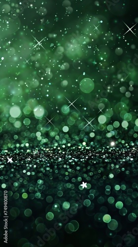 A magical green bokeh background with sparkling golden stars, creating a festive, dreamy atmosphere.
