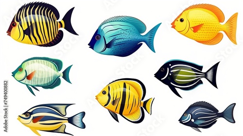 Set of tropical sea fish isolated on white background