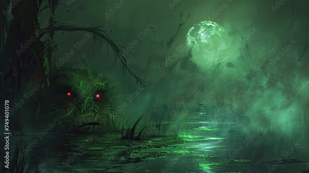 spooky halloween mosnter background at swamp 
