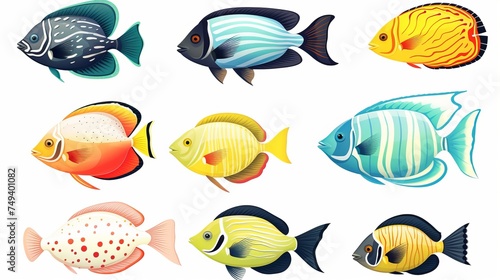 Tropical coral fish collection on white background