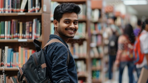 international Indian students with backpack, learning accessories standing near bookshelves at university library or book store during break between lessons.