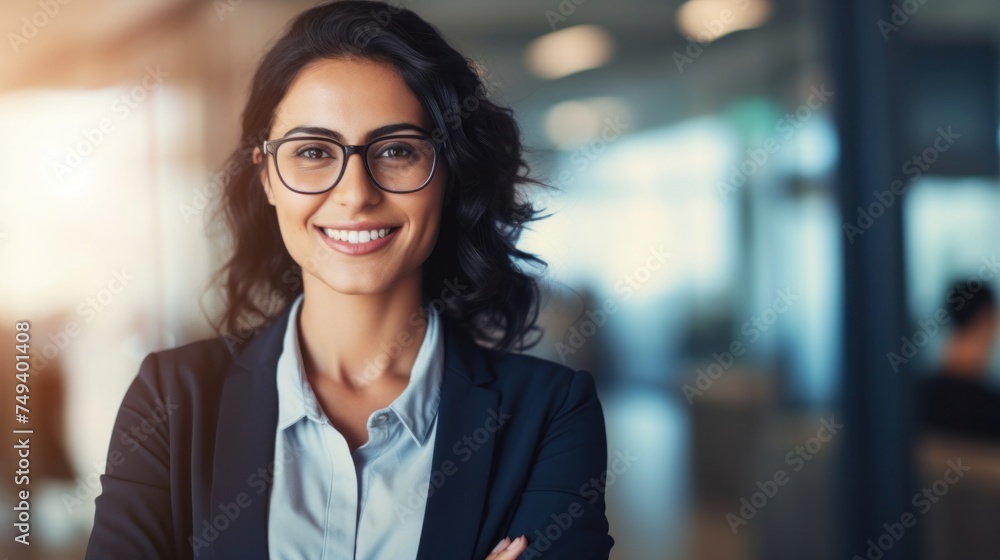Indian businesswoman wearing a shirt and standing outside a meeting room Portrait of happy businesswoman wearing glasses Indian businesswoman wearing a shirt and standing outside a meeting room Portrait of happy businesswoman wearing glasses