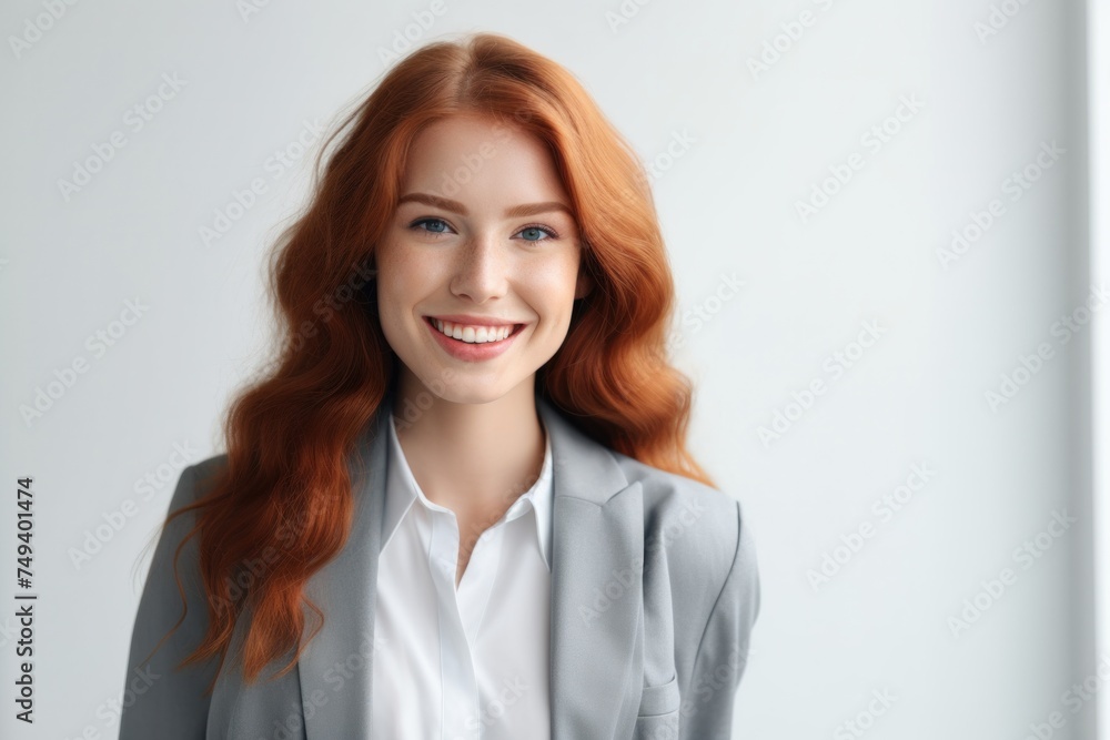 happy beautiful businesswoman smiling and standing isolated on white background in grey suit. Young female redhead girl happy beautiful businesswoman smiling and standing isolated on white background in grey suit. Young female redhead girl