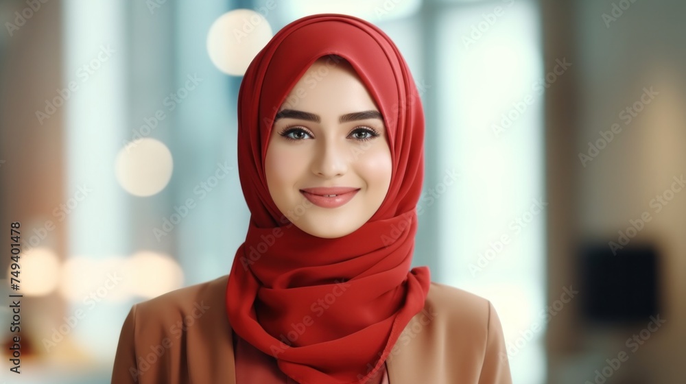 young arabian girl in red hijab looking at camera on light background, widescreen. Beautiful muslim successful business lady young arabian girl in red hijab looking at camera on light background, widescreen. Beautiful muslim successful business lady