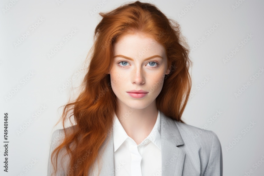 happy beautiful businesswoman smiling and standing isolated on white background in grey suit. Young female redhead girl happy beautiful businesswoman smiling and standing isolated on white background in grey suit. Young female redhead girl