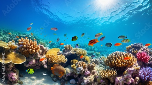 Tropical Fish and Coral Reef in Sunlight