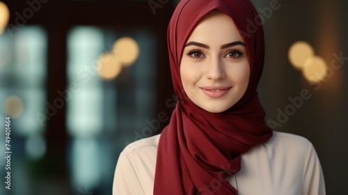 young arabian girl in red hijab looking at camera on light background, widescreen. Beautiful muslim successful business lady