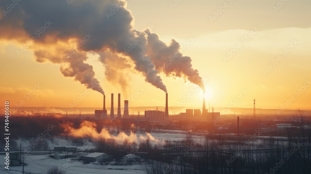 Winter time at sunset Chimney pipes release carbon dioxide from coal-fired thermal power plants into the atmosphere. Concept of air pollution and emissions problems