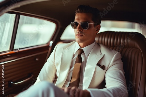 Street fashion portrait of young elegant luxury man wearing white sunglasses, © ORG