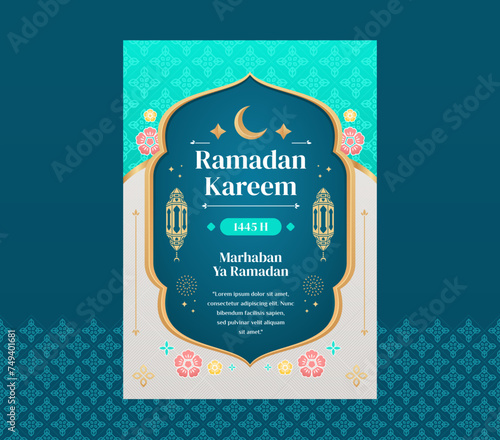 Ramadan kareem a4 poster greeting card design template with turquoise color for ramadan celebration