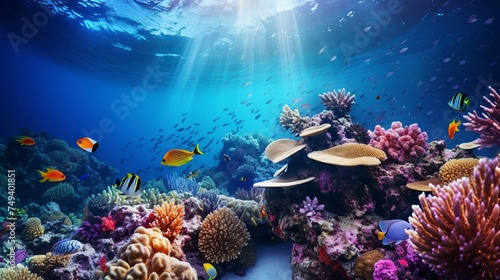 Underwater coral reef landscape background in the deep blue ocean with colorful fish and marine life