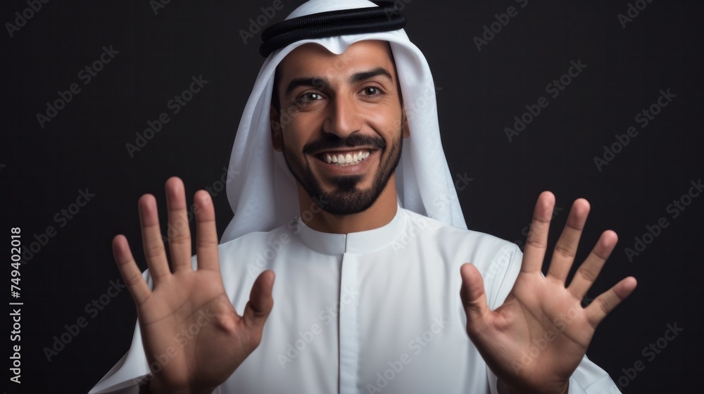 handsome Emirati business mantraditional outfit showing a variety of hand gesture. Arabic ambitious mature businessman handsome Emirati business mantraditional outfit showing a variety of hand gesture. Arabic ambitious mature businessman