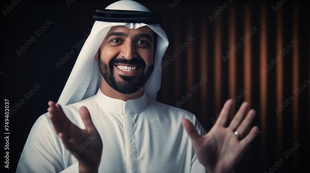 handsome Emirati business mantraditional outfit showing a variety of hand gesture. Arabic ambitious mature businessman handsome Emirati business mantraditional outfit showing a variety of hand gesture. Arabic ambitious mature businessman