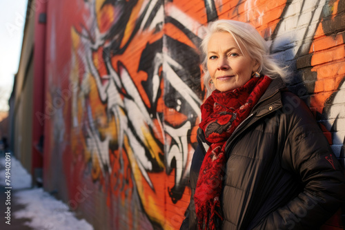 Elegant woman in red scarf stands confidently by vibrant graffiti wall in an urban setting, showcasing a blend of classic beauty and modern street art.
