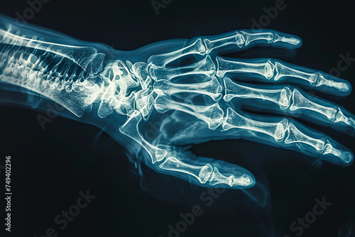 X-ray of human hand. Real human hand image in blue. All bones and structure. Anatomy photo