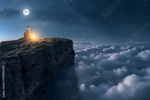 Mosque on the edge of rock cliff with sea of clouds at blue midnight with moon