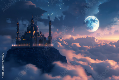 Mosque on the edge of rock cliff with sea of clouds at night with full moon