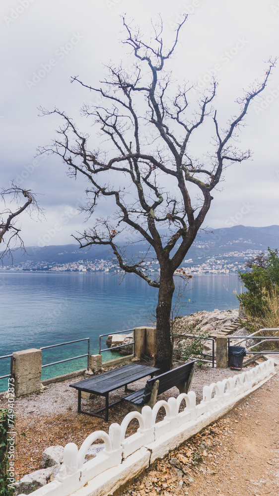 Lookout point with a bench and a tree looking to the sea cliffs of Rijeka, Croatia on a stormy day and with a deep blue color of the water