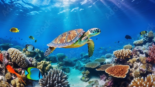 Underwater panorama with turtle, coral reef and fishes. Red Sea, Egypt