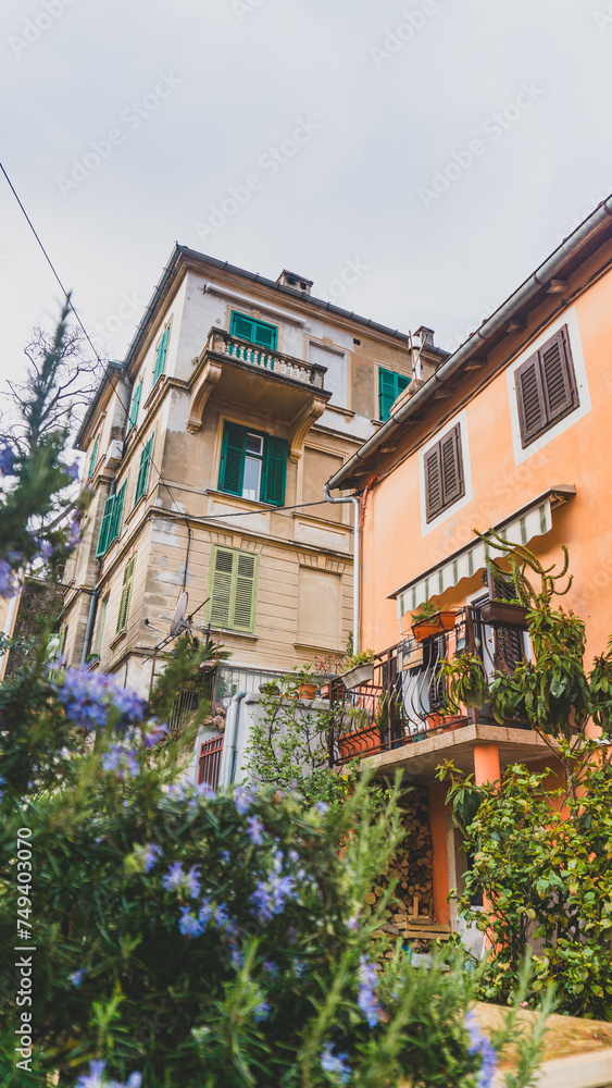 Obraz premium Two houses covered by green vegetation in the croatian village of Volosko, Rijeka on a stormy day