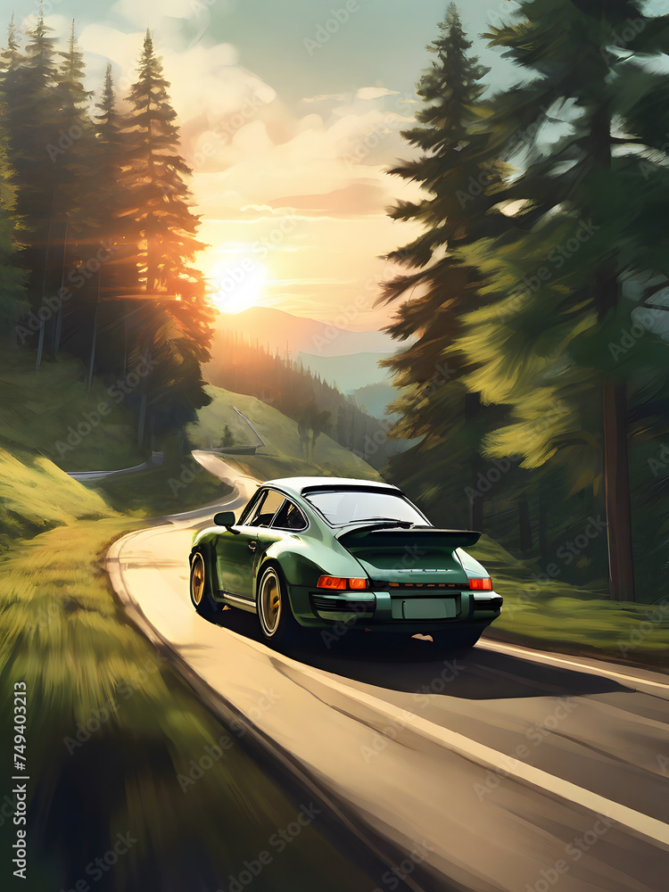 Fototapeta premium Car on the road in the mountains at sunset. 3d rendering Generative AI