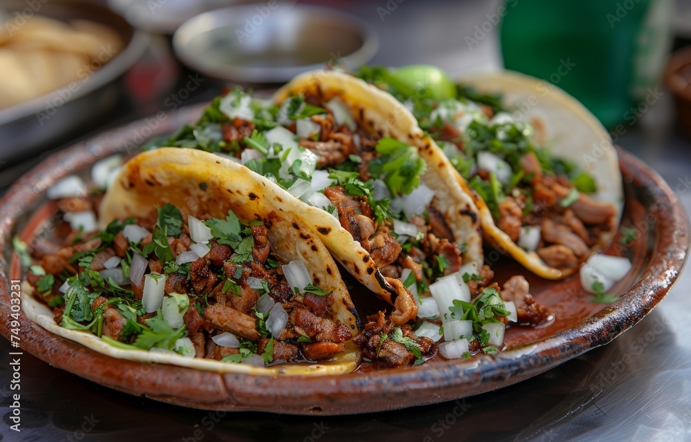 Pork tacos on plates with onions and cilantro, traditional mexican food pic Pork tacos on plates with onions and cilantro, traditional mexican food pic