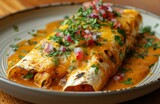 A plate of enchiladas made with spicy chicken meat prepared using a recipe from elazy kitchen, mexican food background image