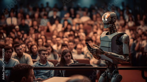 a robot giving a lecture, a robot speaking to an audience