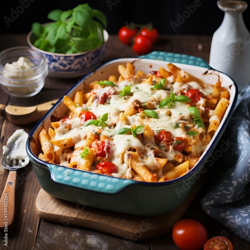 Pasta baked with penne tomatoes and mozzarella.