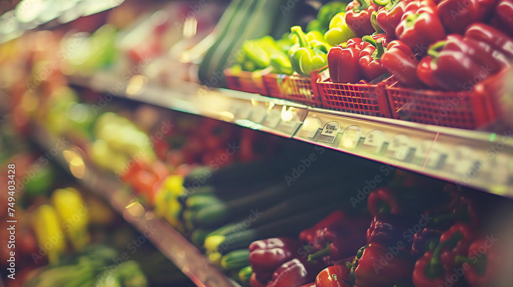 Supermarket aisle and Fresh vegetables on the shelf  - obrazy, fototapety, plakaty 