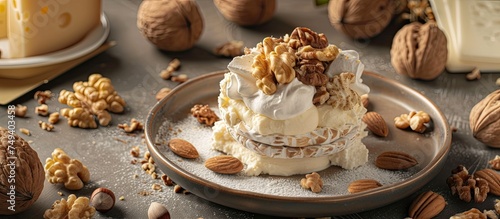 A moist cake topped with walnuts sits on a plate placed on a wooden table, surrounded by cheese and more walnuts.
