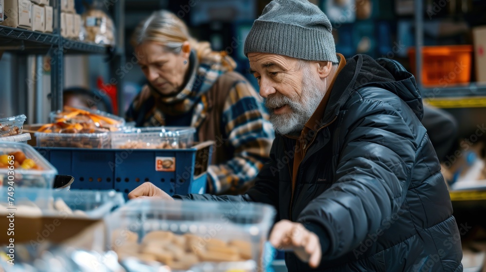 Volunteers pack and distribute food efficiently, donation center, helping disaster victims the poor and homeless. Volunteers pack and distribute food efficiently, donation center, helping disaster victims the poor and homeless.