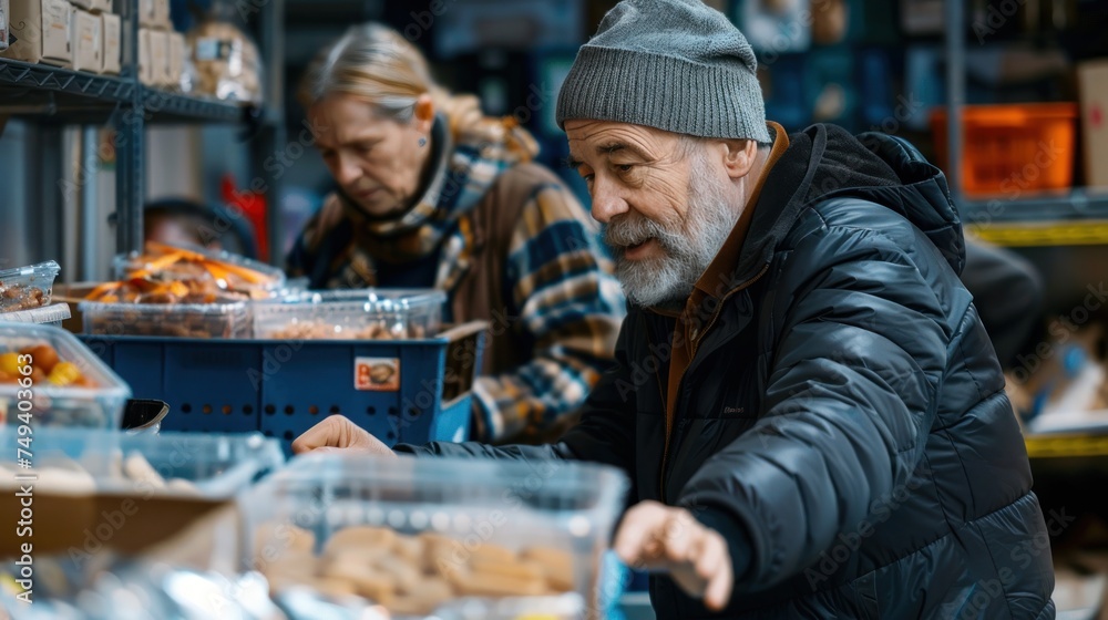 Volunteers pack and distribute food efficiently, donation center, helping disaster victims the poor and homeless.