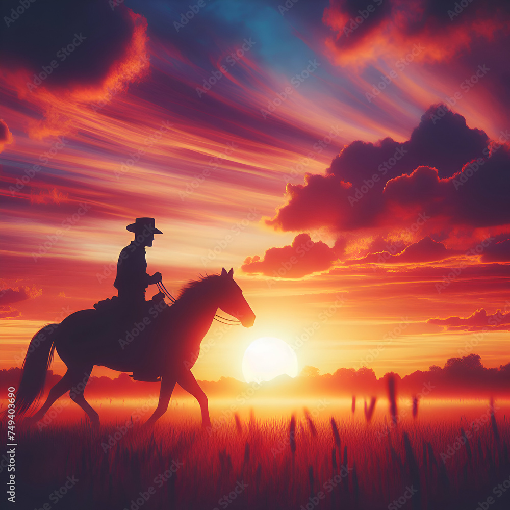 Silhouette of a Cowboy Riding into the Sunset and Cloudy Air