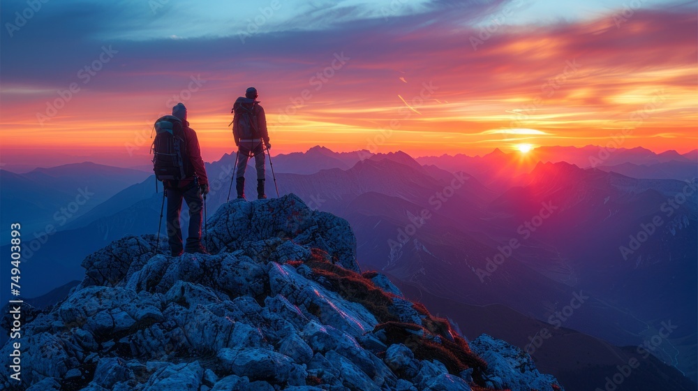 Teamwork friendship hiking help each other trust assistance silhouette in mountains, 