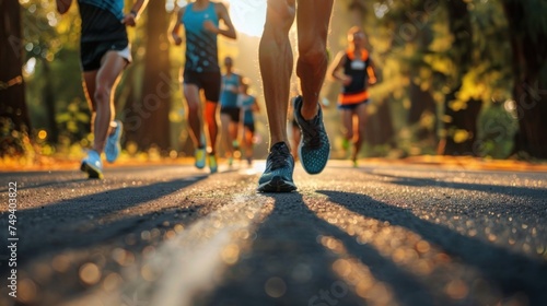 Group of marathon athlete training , the rhythmic beat of runners' feet on the road echoing their athletic determination.