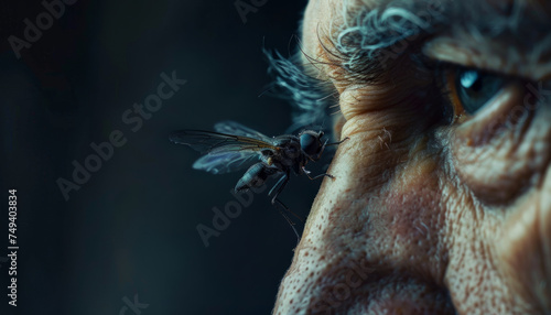  extreme close-up of a fly near the ear of an elderly man © Ренат Хисматулин