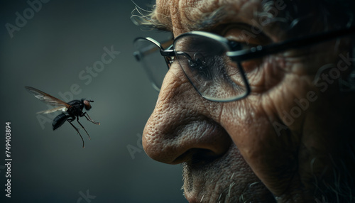  extreme close-up of a fly near the ear of an elderly man photo