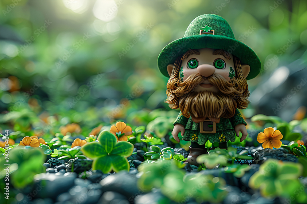 Saint Patrick's Day Celebration. An animated cartoon character wearing Leprechaun Green Shamrocks, St. Patrick's Day concept. 3d rendering. Happy holiday. - obrazy, fototapety, plakaty 