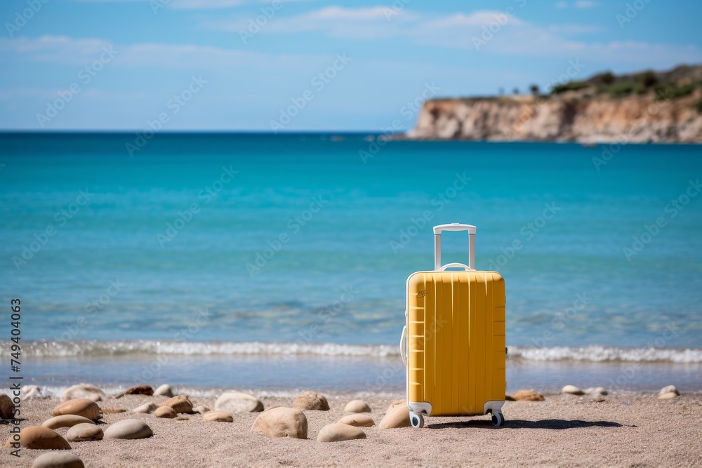 Conceptualization of travel and tourism. vibrant modern suitcase with wheels on beach by the sea Conceptualization of travel and tourism. vibrant modern suitcase with wheels on beach by the sea