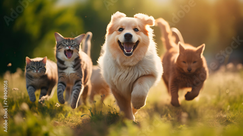 group of very cute dogs and cats walking together, group of cute animals walking towards the camera