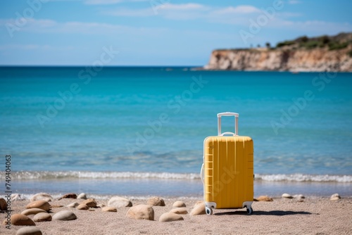 Conceptualization of travel and tourism. vibrant modern suitcase with wheels on beach by the sea