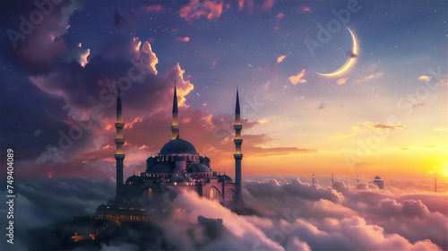 Mosque on the edge of rock cliff with sea of clouds at sunset  with crescent moon
