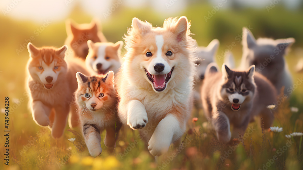 group of very cute dogs and cats walking together, group of cute animals walking towards the camera group of very cute dogs and cats walking together, group of cute animals walking towards the camera