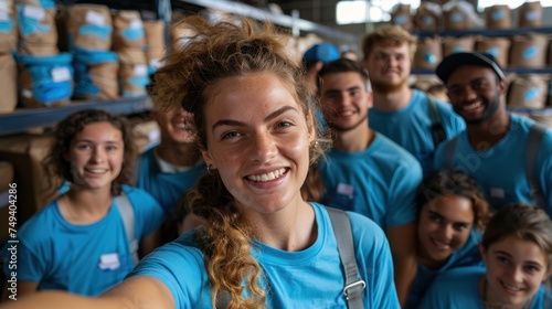 Volunteers pack and distribute food efficiently, donation center, helping disaster victims the poor and homeless.