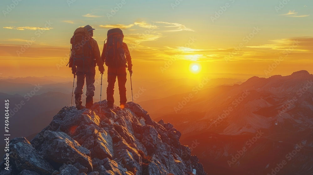 Teamwork friendship hiking help each other trust assistance silhouette in mountains, 